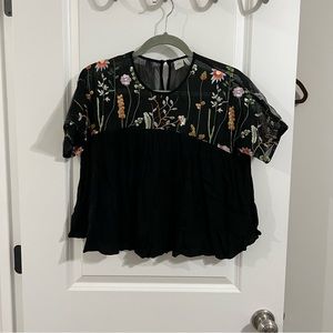 Embroidered black flowy crop top